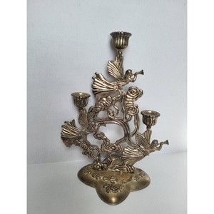 10" Angels Cherub Candle Holder 4 Arms Stand Metal Roses Floral
